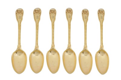 Lot 350 - A set of six George II unmarked silver gilt tablespoons, London circa 1735, possibly by Paul de Lamerie