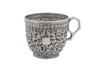 Lot 144 - A late 19th / early 20th century Anglo – Indian silver christening mug or cup, Cutch circa 1900, marked TP, possibly Tarachand Pursram Ramswam of Bombay