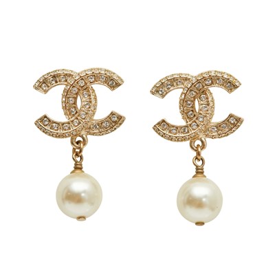 Lot 185 - Chanel Ivory Pearl CC Drop Pierced Earrings
