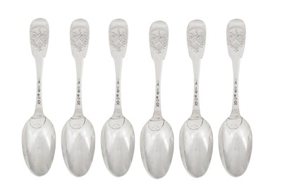 Lot 303 - A set of six Louis XV mid-18th century French provincial silver tablespoons, Rochefort 1753-55 by Jean Tostée (reg. 14th July 1731)