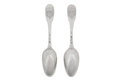 Lot 304 - A pair of Louis XV mid-18th century French provincial silver tablespoons, Rochefort 1753-55 by Jean Tostée (reg. 14th July 1731)