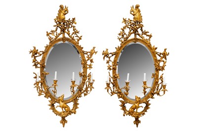 Lot 2 - An Impressive pair of George III carved and moulded giltwood and gesso girandoles, in the manner of Thomas Johnson, circa 1760