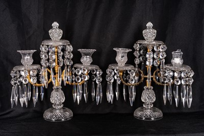 Lot 18 - A pair of gilt brass and cut glass candelabra, late 19th / early 20th century