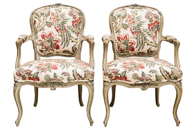 Lot 7 - A pair of Louis XV style French green painted fauteuils, 19th century