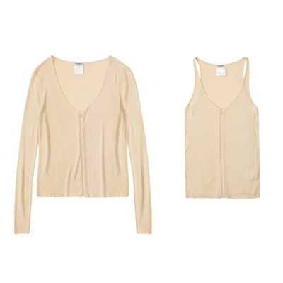 Lot 136 - Chanel Beige Ribbed Knit Twin Set - Size 42