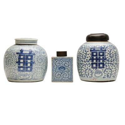 Lot 91 - Two Chinese blue and white jar and cover together with a tea caddy, 19th century