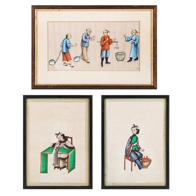 Lot 229 - Three Chinese pith 'figurative' paintings, Chinese School, 19th century