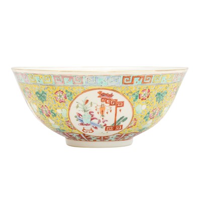 Lot 99 - A Chinese famille-rose yellow-ground bowl, Qing dynasty, Guangxu mark and of the period