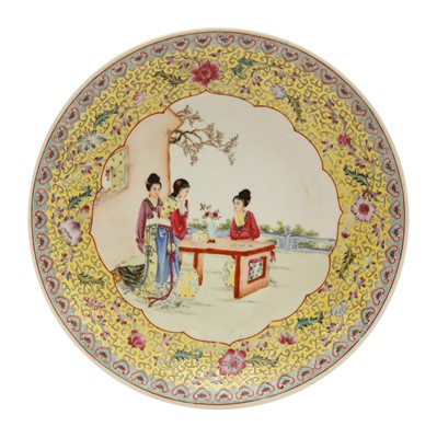 Lot 167 - A Chinese famille-rose yellow-ground 'ladies' charger, Republic period