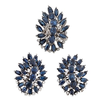 Lot 77 - A sapphire and diamond ring and earring suite