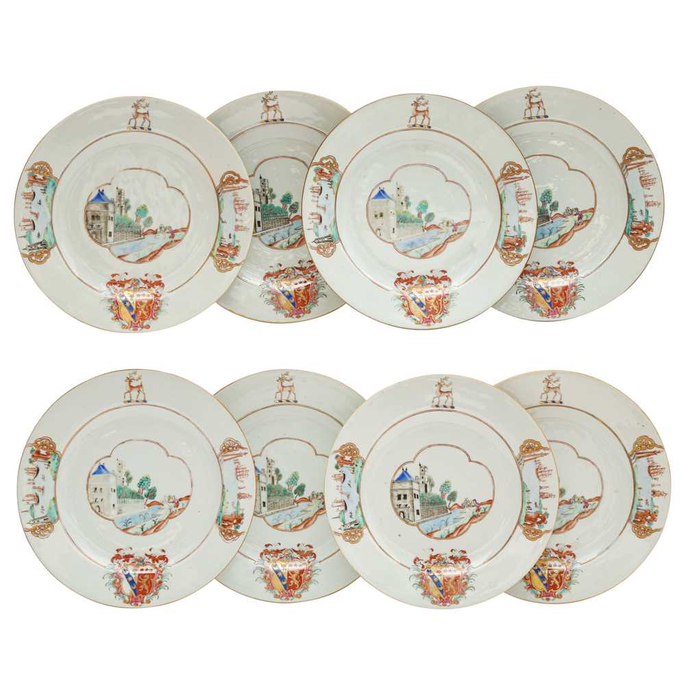 Lot 548 - Eight fine and rare Chinese export armorial dishes, Qing Dynasty, Qianlong period, circa 1745