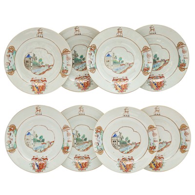 Lot 71 - Eight fine and rare Chinese export armorial dishes, Qing Dynasty, Qianlong period, circa 1745