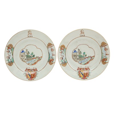Lot 548 - Eight fine and rare Chinese export armorial dishes, Qing Dynasty, Qianlong period, circa 1745
