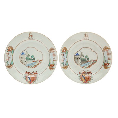 Lot 548 - Eight fine and rare Chinese export armorial dishes, Qing Dynasty, Qianlong period, circa 1745