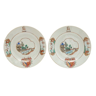 Lot 548 - Eight fine and rare Chinese export armorial dishes, Qing Dynasty, Qianlong period, circa 1745
