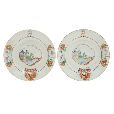 Lot 548 - Eight fine and rare Chinese export armorial dishes, Qing Dynasty, Qianlong period, circa 1745