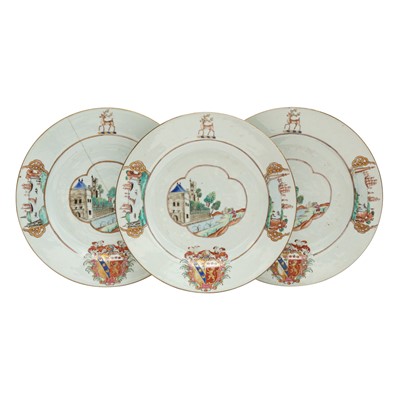 Lot 69 - Three fine and rare Chinese export armorial dishes, Qing Dynasty, Qianlong Period, circa 1745