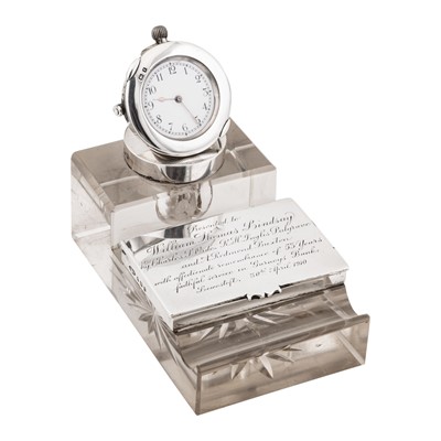 Lot 376 - An Edwardian sterling silver mounted glass combination inkwell, desk time piece and stamp box, Birmingham 1906 by John Grinsell and Sons