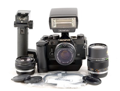 Lot 269 - Black Olympus OM-2n Camera Outfit.
