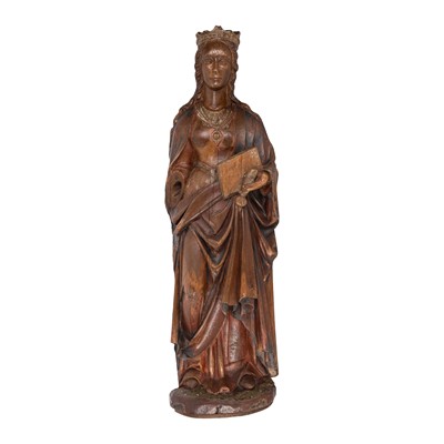 Lot 128 - A Western European carved oak figure of Saint Catherine of Alexandria