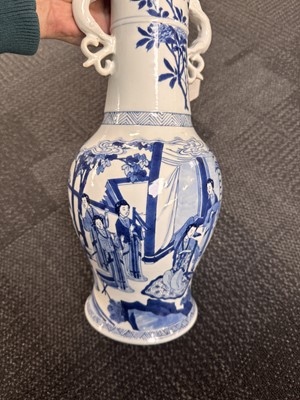 Lot 18 - A rare Chinese blue and white 'Yuanyang Tao' twin-handled vase, Qing dynasty, Kangxi period