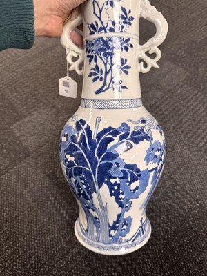 Lot 18 - A rare Chinese blue and white 'Yuanyang Tao' twin-handled vase, Qing dynasty, Kangxi period