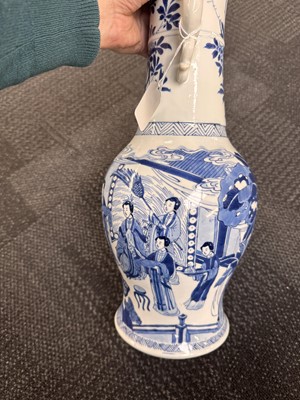 Lot 18 - A rare Chinese blue and white 'Yuanyang Tao' twin-handled vase, Qing dynasty, Kangxi period