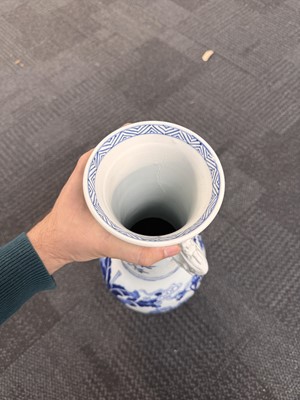 Lot 18 - A rare Chinese blue and white 'Yuanyang Tao' twin-handled vase, Qing dynasty, Kangxi period