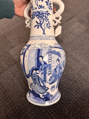 Lot 18 - A rare Chinese blue and white 'Yuanyang Tao' twin-handled vase, Qing dynasty, Kangxi period