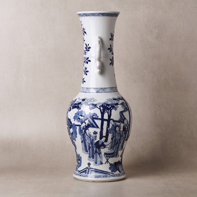 Lot 18 - A rare Chinese blue and white 'Yuanyang Tao' twin-handled vase, Qing dynasty, Kangxi period