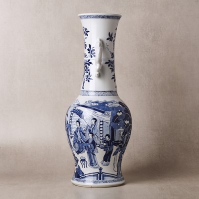 Lot 18 - A rare Chinese blue and white 'Yuanyang Tao' twin-handled vase, Qing dynasty, Kangxi period