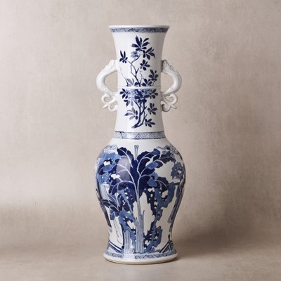Lot 18 - A rare Chinese blue and white 'Yuanyang Tao' twin-handled vase, Qing dynasty, Kangxi period