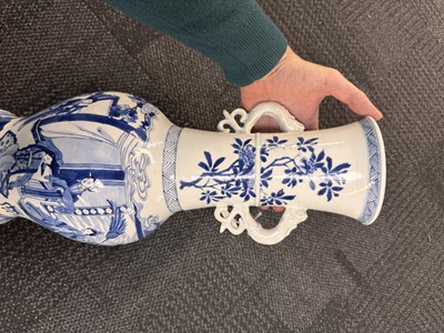 Lot 18 - A rare Chinese blue and white 'Yuanyang Tao' twin-handled vase, Qing dynasty, Kangxi period