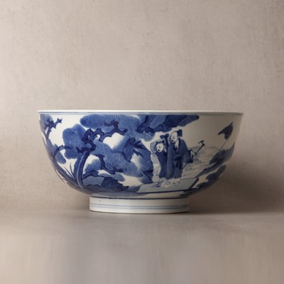 Lot 19 - A fine Chinese blue and white 'scholars and deer' bowl, Qing dynasty, Kangxi mark and period