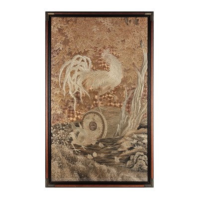Lot 100 - A fine Japanese embroidered 'cockerel on drum' silk panel, Meiji period