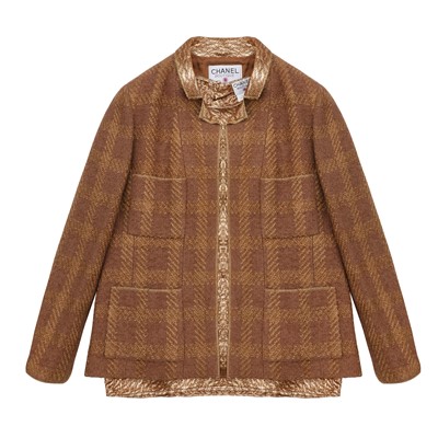 Lot 113 - Chanel Tan Wool Tweed Open Front Jacket and Top - Size 44