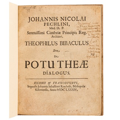 Lot 106 - Tea. Pechlin. Theophilus Bibaculus sive de potu theae dialogus, 1684