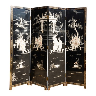 Lot 284 - A Japanese black lacquer and mother-of-pearl four-fold screen