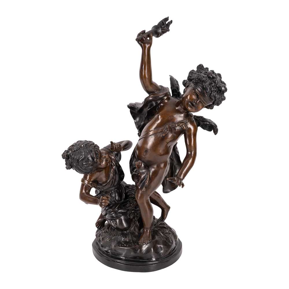 Lot 140 - After Auguste Moreau (French, 1834–1917), bronze figure group of 'La Mosca Cieca'
