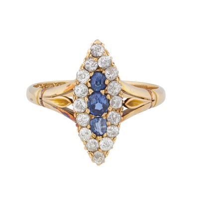 Lot 17 - A sapphire and diamond navette shaped ring, circa 1899