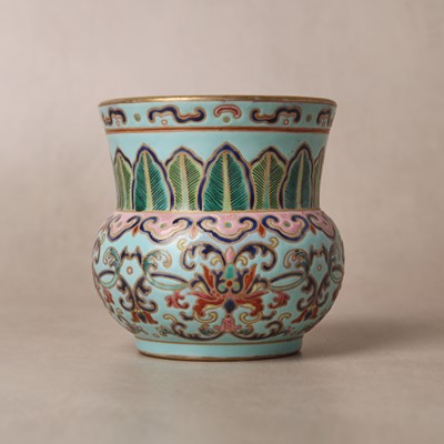 Lot 109 - A Chinese famille-rose 'lotus' leys jar, zhadou, Qing dynasty, 18th/19th century