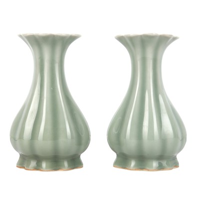 Lot 279 - A pair of Chinese celadon-glazed lobed vases, 20th century