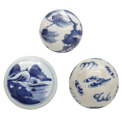 Lot 89 - Three Chinese blue and white 'landscape' lids, 18th / 19th century