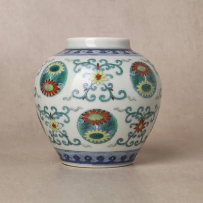 Lot 108 - A rare Chinese doucai 'chrysanthemum' jar, Qianlong mark and possibly of the period