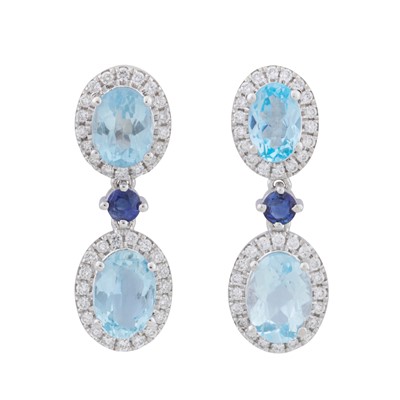 Lot 66 - A pair of aquamarine, topaz, blue and white sapphire pendant earrings