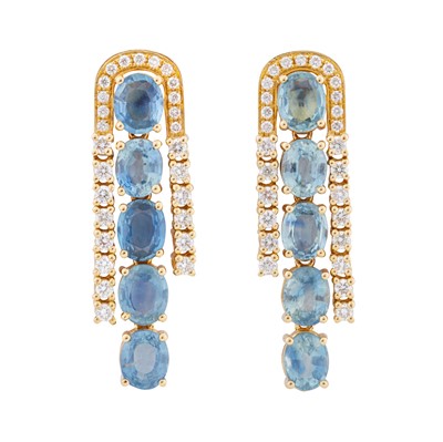 Lot 48 - A pair of sapphire and diamond pendent earrings