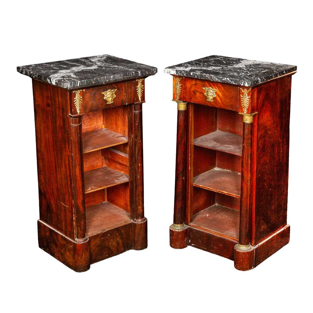 Lot 7 - Near matched pr of French Empire Style marble topped walnut bedside cabinets, Circa 1900