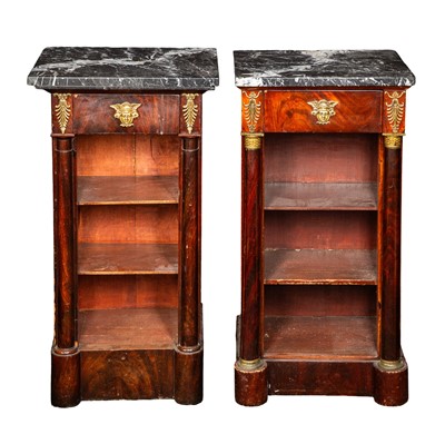 Lot 7 - Near matched pr of French Empire Style marble topped walnut bedside cabinets, Circa 1900
