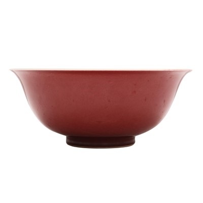 Lot 118 - A Chinese monochrome copper-red bowl, Qing dynasty, jiuwan shanfang mark