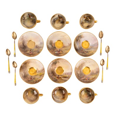 Lot 174 - James Stinton (1870-1961) for Royal Worcester, set of six hand-painted cabinet cups and saucers
